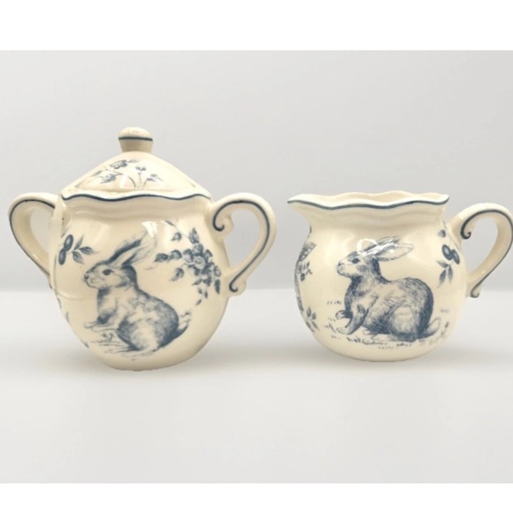 Maxcera Other - Maxcera Blue Toile Easter Bunny Creamer & Sugar Bowl w/Lid NEW Spring
